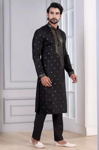 Black Plain Blended Cotton designer kurta pyjama set