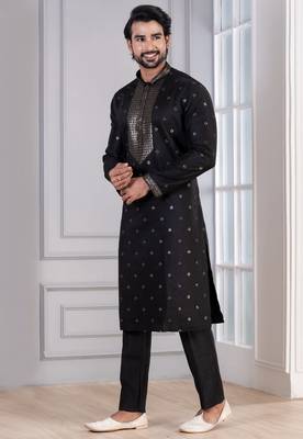 Black Plain Blended Cotton designer kurta pyjama set 3