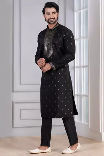 Black Plain Blended Cotton designer kurta pyjama set