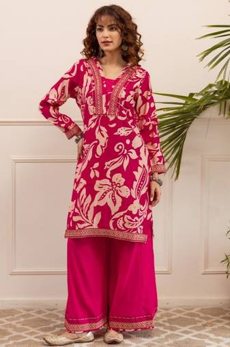 Kabool peony pink printed cotton kurta sets