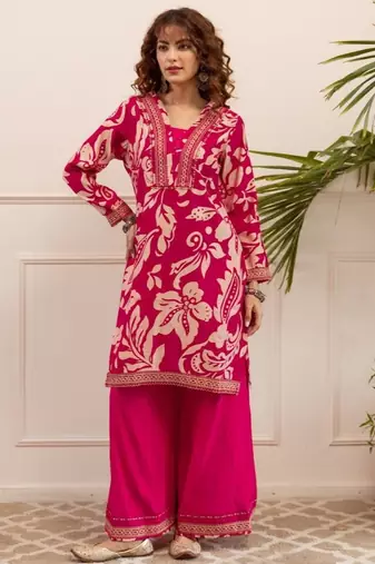 Kabool peony pink printed cotton kurta sets