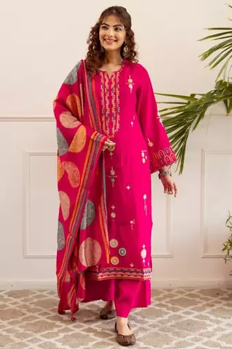 Kabool blossoms pink embroidered cotton kurta sets