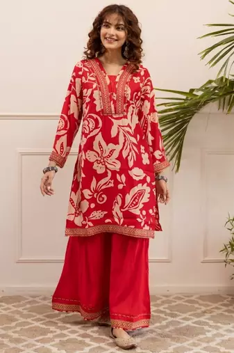 Kabool tulip red printed cotton kurta sets
