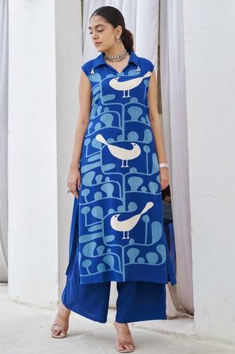 Kabool yaleblue blue printed cotton kurta sets