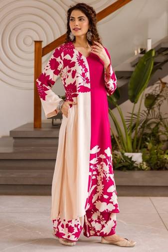 Kabool hibiscus pink printed cotton kurta sets
