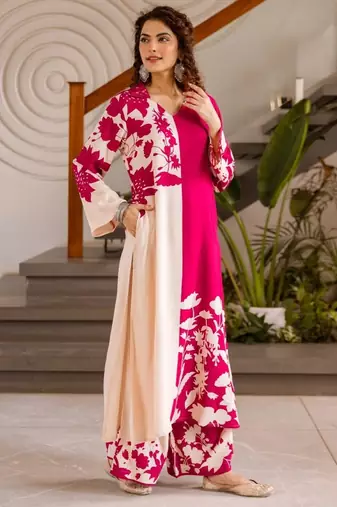 Kabool hibiscus pink printed cotton kurta sets