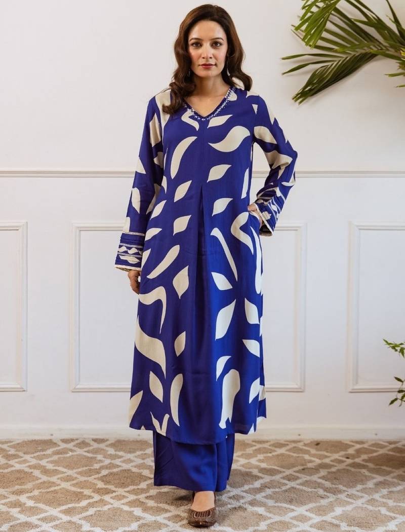 Kabool sapphire blue printed cotton kurta sets