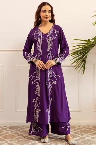 Kabool periwinkle purple printed cotton kurta sets