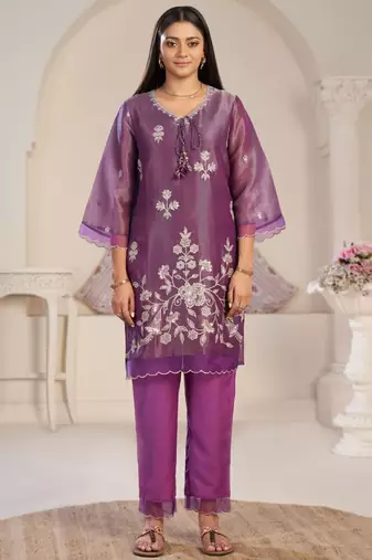 Anumeha plum purple embroidered chiffon kurta sets
