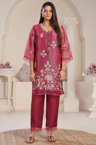Anumeha rose peach embroidered chiffon kurta sets