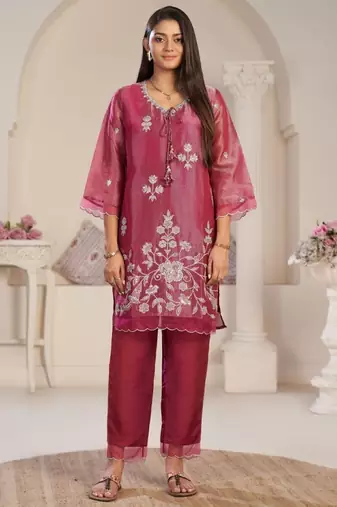 Anumeha rose peach embroidered chiffon kurta sets