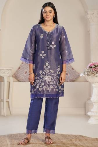 Anumeha thistle blue embroidered chiffon kurta sets