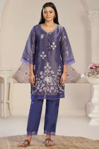 Anumeha thistle blue embroidered chiffon kurta sets