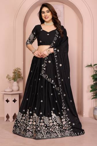 Enchanting Black Embroidery sequins work Star Georgette Indian wedding lehenga Choli dress