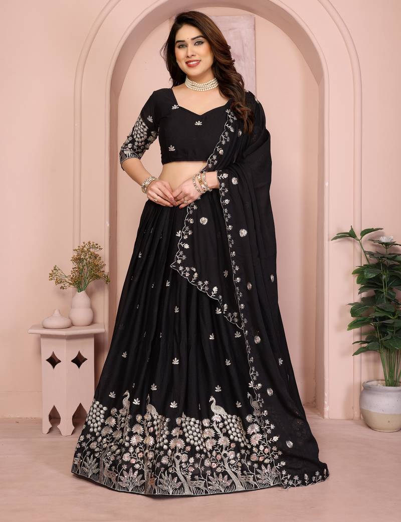 Enchanting Black Embroidery sequins work Star Georgette Indian wedding lehenga Choli dress
