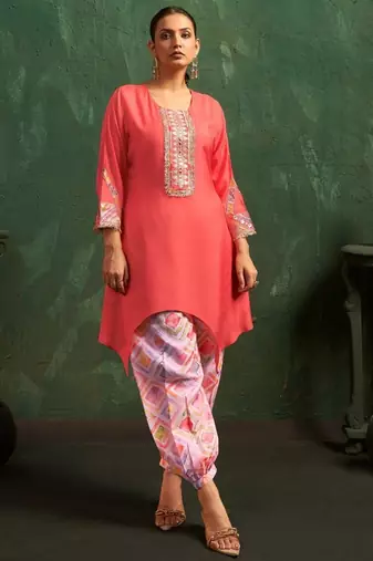 Ira poppy salmon plain blended kurta sets
