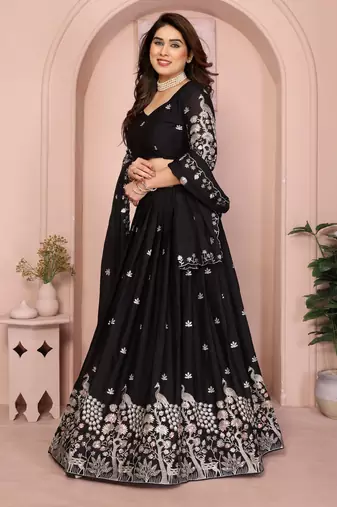 Enchanting Black Embroidery sequins work Star Georgette Indian wedding lehenga Choli dress