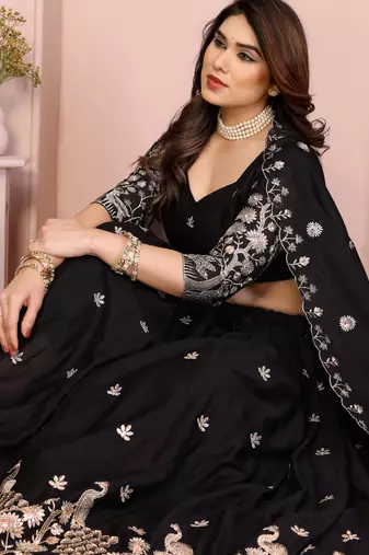 Enchanting Black Embroidery sequins work Star Georgette Indian wedding lehenga Choli dress