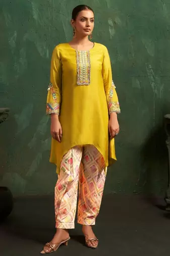 Ira canary light yellow plain blended kurta sets