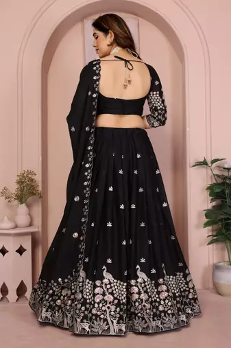 Enchanting Black Embroidery sequins work Star Georgette Indian wedding lehenga Choli dress