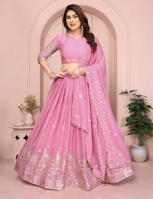 Mesmerizing Baby-pink Sequins and Thread Embroidered Star Georgette indian designer lehenga Choli dress 1