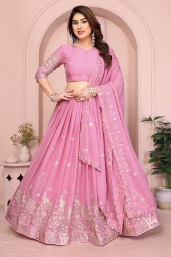 Mesmerizing Baby-pink Sequins and Thread Embroidered Star Georgette indian designer lehenga Choli dress