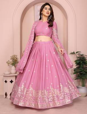 Mesmerizing Baby-pink Sequins and Thread Embroidered Star Georgette indian designer lehenga Choli dress 2