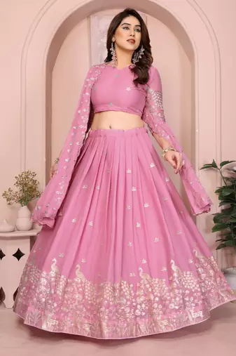 Mesmerizing Baby-pink Sequins and Thread Embroidered Star Georgette indian designer lehenga Choli dress