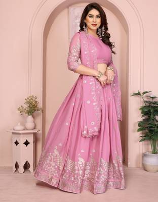 Mesmerizing Baby-pink Sequins and Thread Embroidered Star Georgette indian designer lehenga Choli dress 3