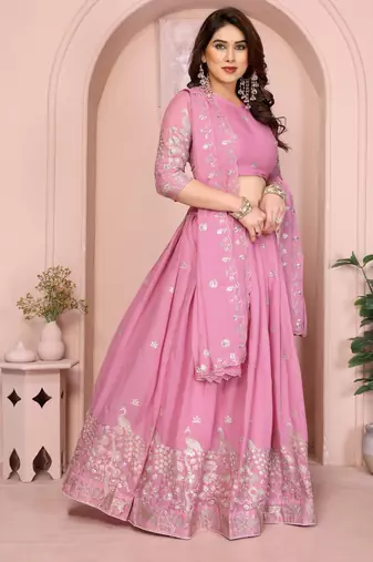 Mesmerizing Baby-pink Sequins and Thread Embroidered Star Georgette indian designer lehenga Choli dress