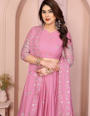 Mesmerizing Baby-pink Sequins and Thread Embroidered Star Georgette indian designer lehenga Choli dress 4