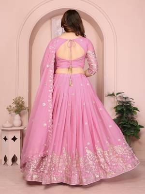 Mesmerizing Baby-pink Sequins and Thread Embroidered Star Georgette indian designer lehenga Choli dress 5