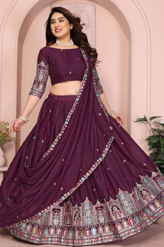 Delightful Wine Thread and Sequins Embroidery Star Georgette designer wedding indian lehenga Choli dress