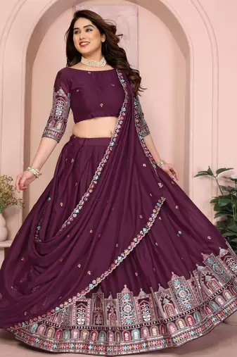 Delightful Wine Thread and Sequins Embroidery Star Georgette designer wedding indian lehenga Choli dress