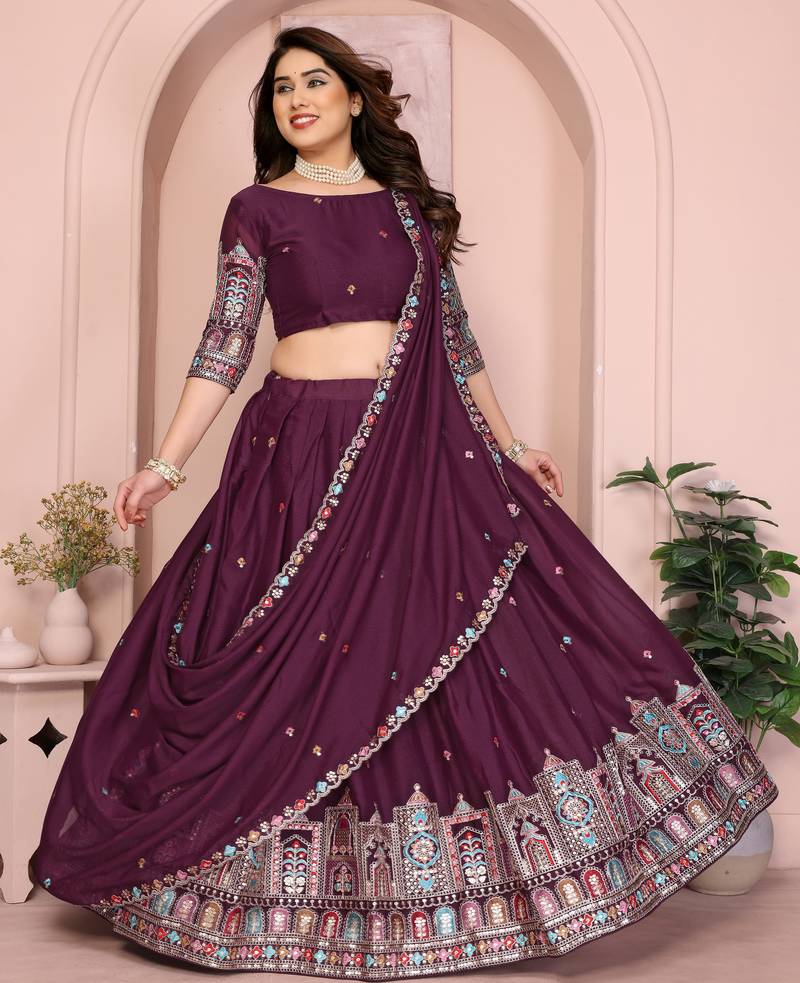 Delightful Wine Thread and Sequins Embroidery Star Georgette designer wedding indian lehenga Choli dress