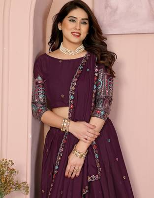 Delightful Wine Thread and Sequins Embroidery Star Georgette designer wedding indian lehenga Choli dress 2