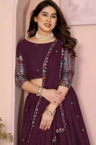 Delightful Wine Thread and Sequins Embroidery Star Georgette designer wedding indian lehenga Choli dress