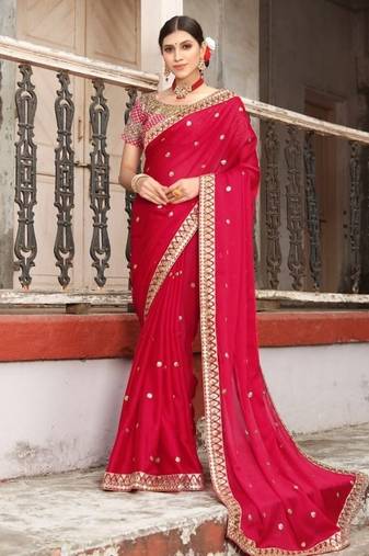red rangoli silk blend embroidered saree