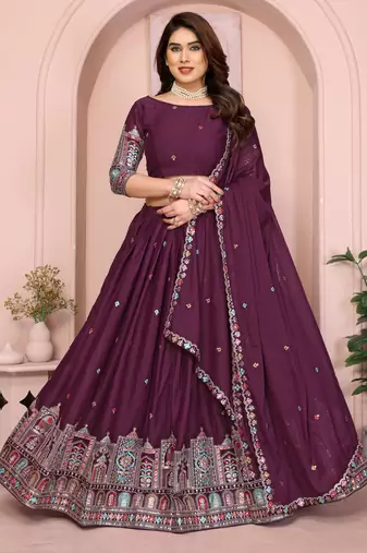 Delightful Wine Thread and Sequins Embroidery Star Georgette designer wedding indian lehenga Choli dress