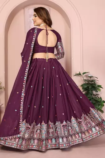 Delightful Wine Thread and Sequins Embroidery Star Georgette designer wedding indian lehenga Choli dress