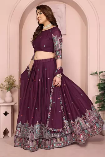Delightful Wine Thread and Sequins Embroidery Star Georgette designer wedding indian lehenga Choli dress