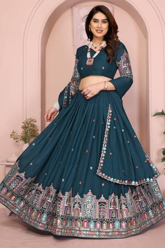 Fetching Teal sequence embroidery work Star Georgette Designer Wedding Indian lehenga Choli Dress