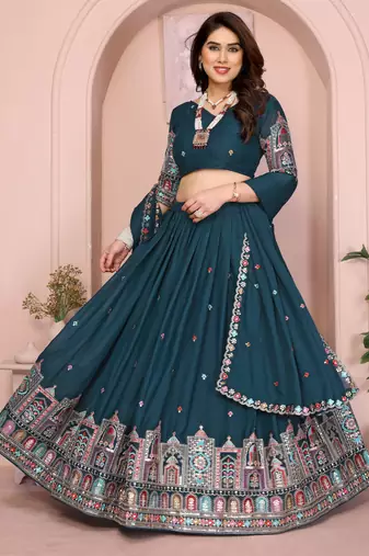 Fetching Teal sequence embroidery work Star Georgette Designer Wedding Indian lehenga Choli Dress