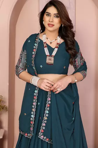 Fetching Teal sequence embroidery work Star Georgette Designer Wedding Indian lehenga Choli Dress