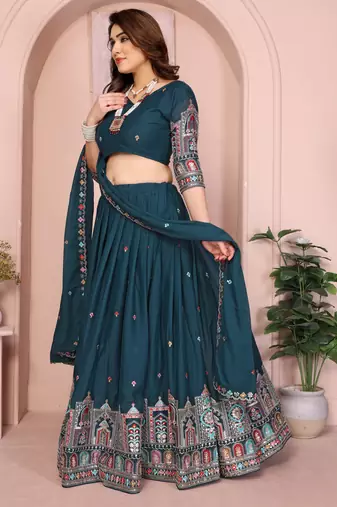 Fetching Teal sequence embroidery work Star Georgette Designer Wedding Indian lehenga Choli Dress