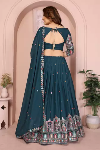 Fetching Teal sequence embroidery work Star Georgette Designer Wedding Indian lehenga Choli Dress