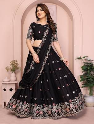 Glamourous Black sequins Embroidery work on Star Georgette Indian tradional wedding lehenga Choli dress 1