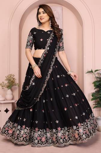 Glamourous Black sequins Embroidery work on Star Georgette Indian tradional wedding lehenga Choli dress