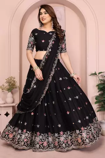 Glamourous Black sequins Embroidery work on Star Georgette Indian tradional wedding lehenga Choli dress