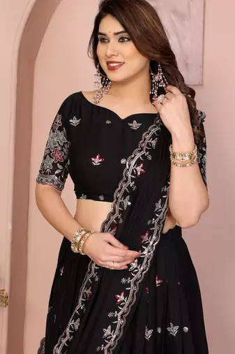 Glamourous Black sequins Embroidery work on Star Georgette Indian tradional wedding lehenga Choli dress